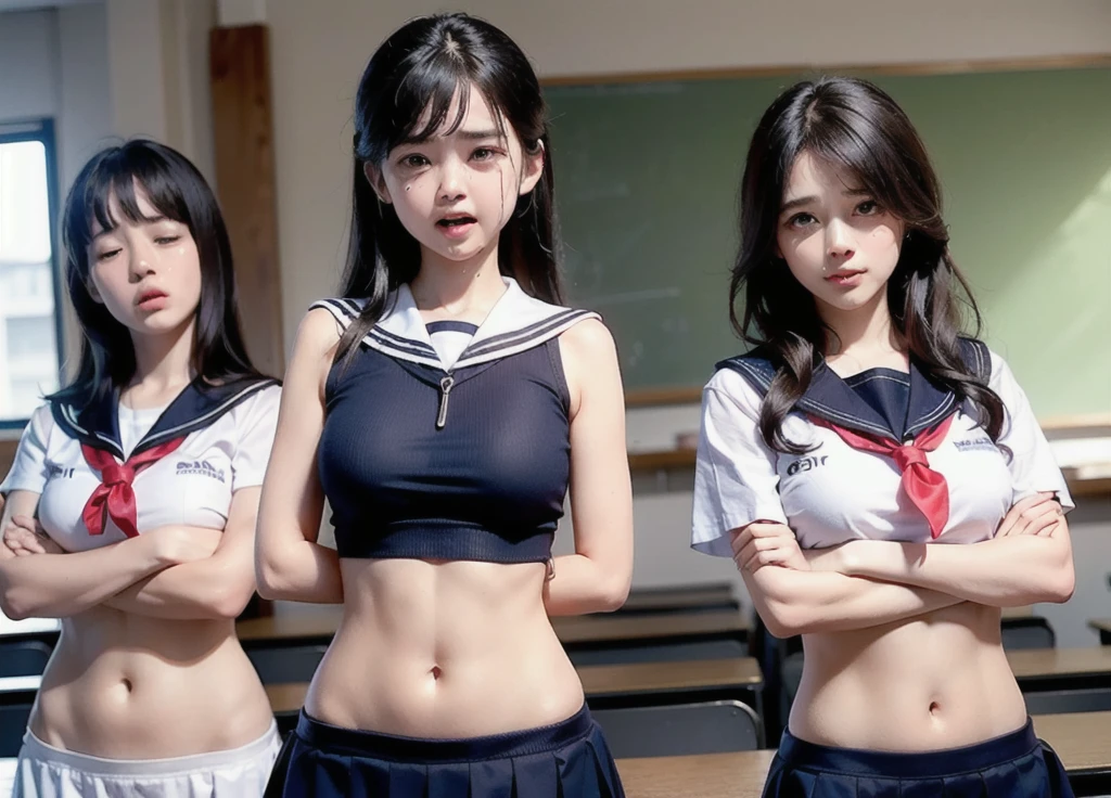 (Three Woman in front of classroom),  and adult , ((white crop top sailor suit)), blue student skirts, open navel, open belly, (show abdomen area), ((((arms crossed over chest)))), (((crying))), standing , (ready for spanking), (long shot)