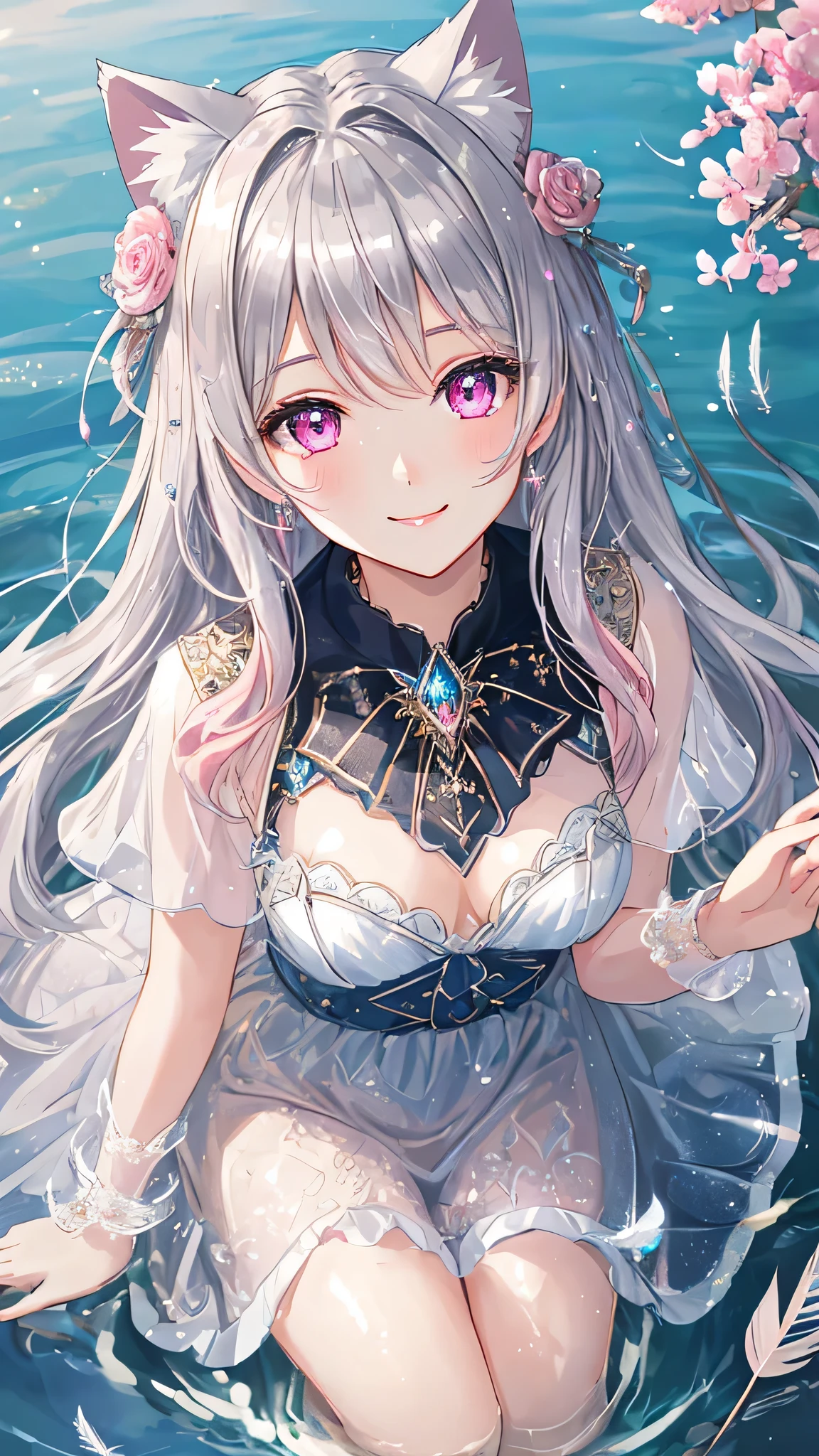 masterpiece,highest quality,Highly detailed face, water effects、Light effects、Feather effect,Sparkling eyes,Highlighted eyes, medium breasts,pretty girl,smile,Cat ear,Beautiful silver hair,Pink inside,Beautiful pink eyes