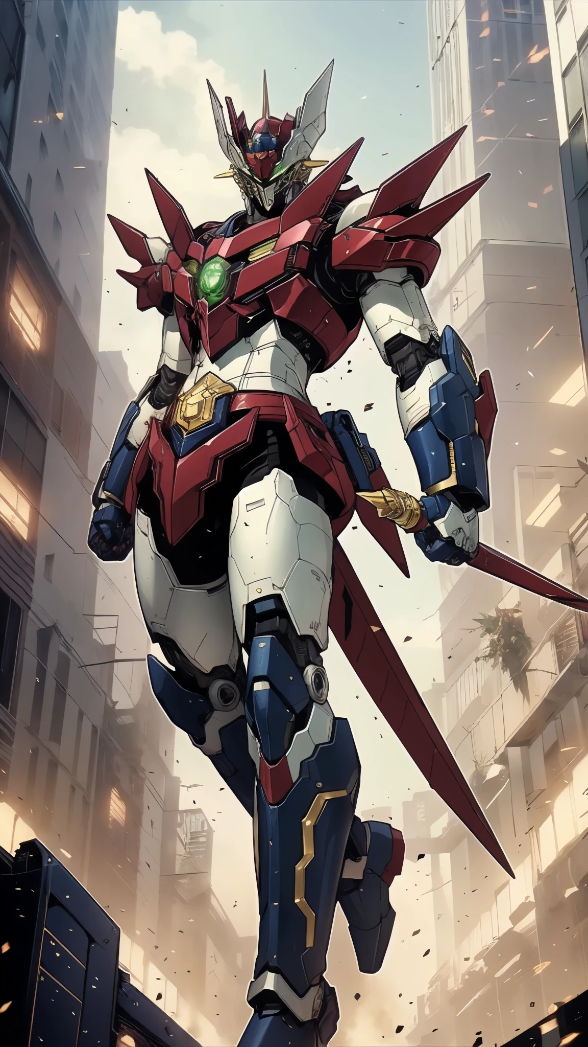 A man wearing a full-face helmet, a fantasy-style biotech armored combat suit, green eyes, (a composite layered chest armor), fully enclosed shoulder guards, matching arm and leg guards, the belt is adorned with Z mark, (the color scheme is primarily white with red and blue accents), the design balances heavy with agility, a high-tech bio-mecha armor, (Armor Concept Inspired by Mazinger Z, stand on the top of a skyscraper in a futuristic sci-fi city), this character embodies a finely crafted fantasy-surreal style armored hero in anime style, exquisite and mature manga art style, (battle damage, element, plasma, energy, the armor glows), ((male:1.5)), metallic, real texture material, dramatic, high definition, best quality, highres, ultra-detailed, ultra-fine painting, extremely delicate, professional, perfect body proportions, golden ratio, anatomically correct, symmetrical face, extremely detailed eyes and face, high quality eyes, creativity, RAW photo, UHD, 32k, Natural light, cinematic lighting, masterpiece-anatomy-perfect, masterpiece:1.5