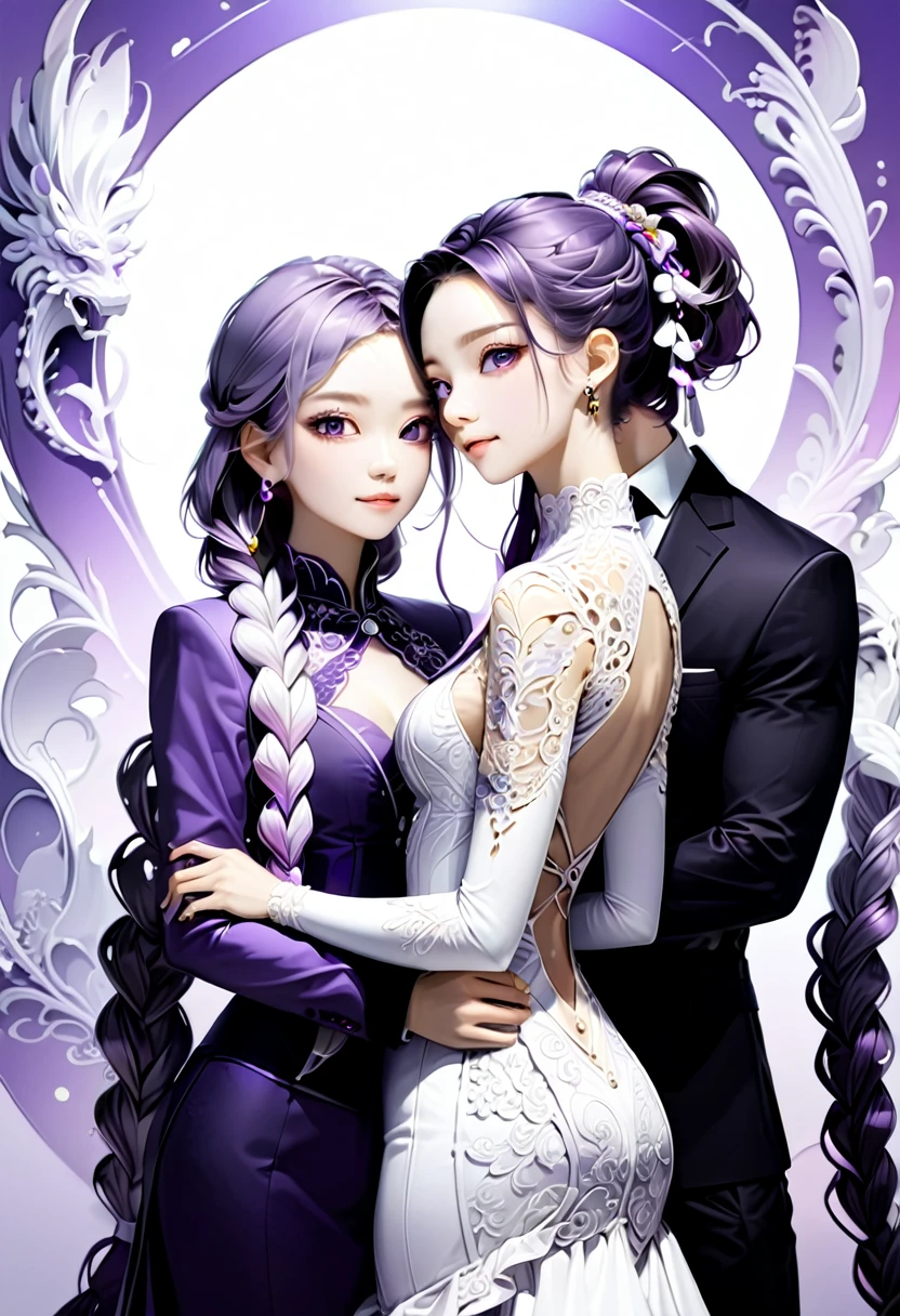 Couple Photo, Purple white gradient double braid long ponytail, personality, (masterpiece, best quality, Professional, perfect composition, very aesthetic, absurdres, ultra-detailed, intricate details:1.3)