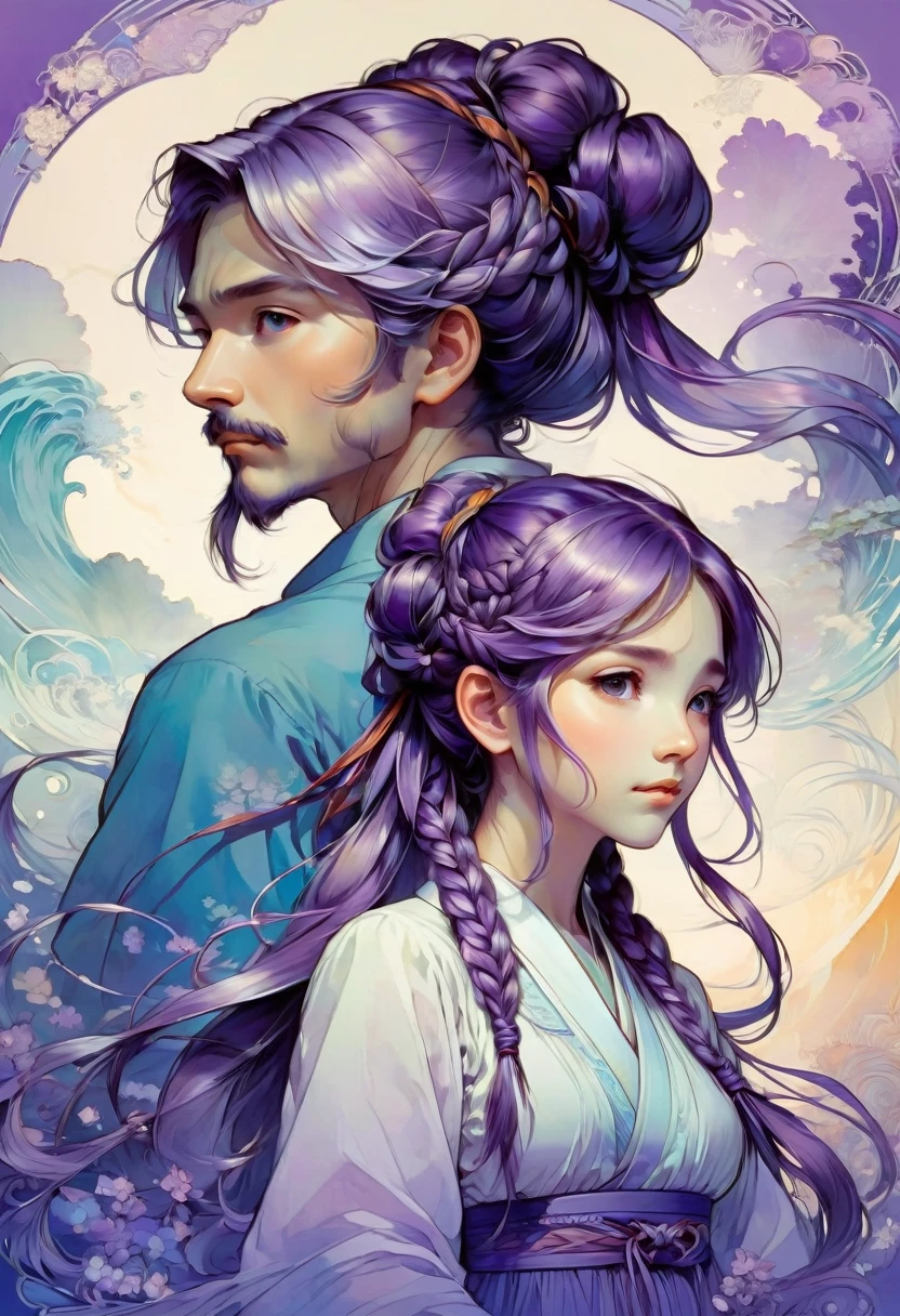 Couple, Purple white gradient double braid long ponytail, cool, Purple and white gradient background, by Studio Ghibli and Alphonse Mucha, best quality, masterpiece, very aesthetic, perfect composition, intricate details, ultra-detailed
