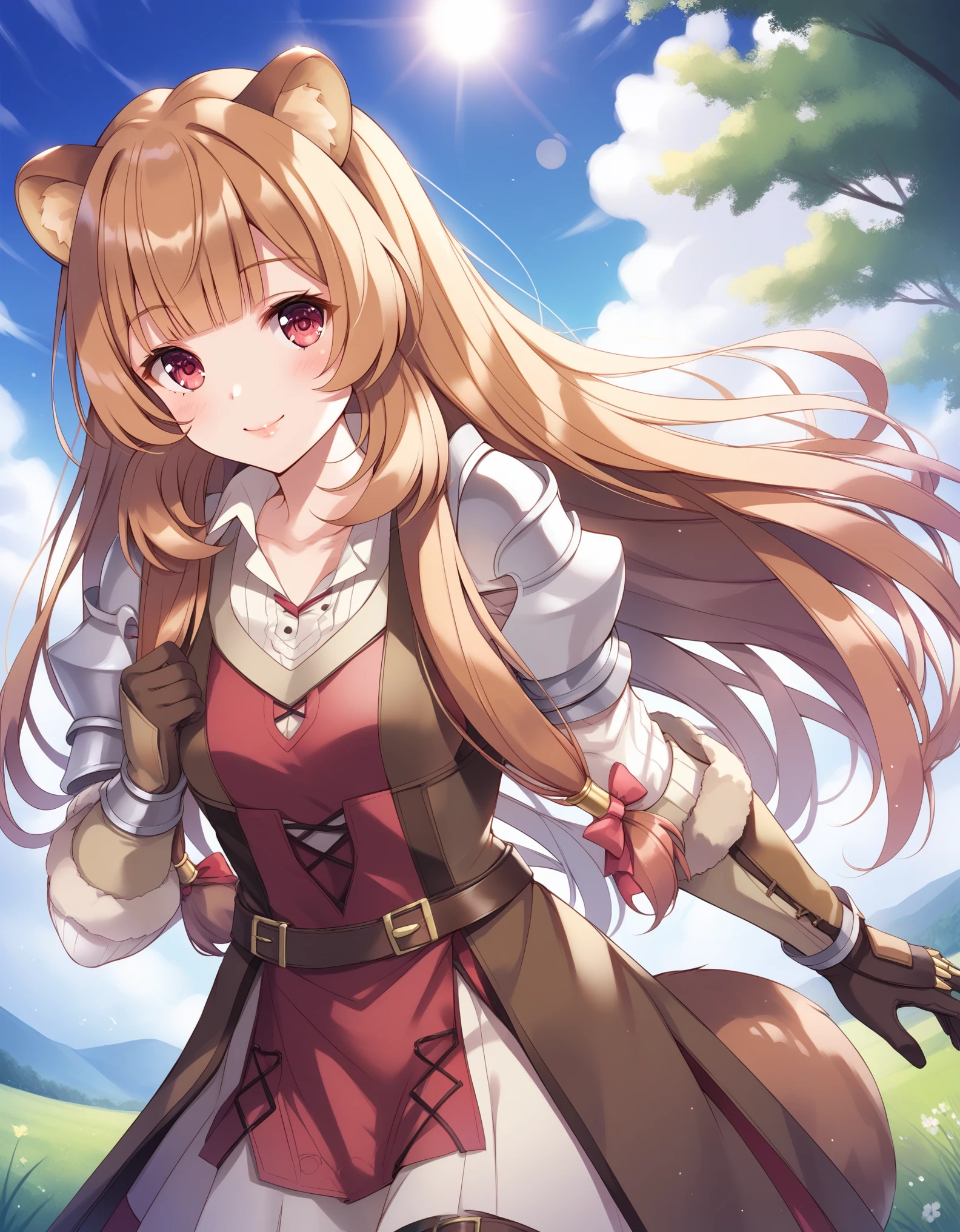 score_9,score_8_up,score_7_up, young,  raphtalia, raphtalia, long hair, bangs, brown hair, animal ears, raccoon ears, raccoon tail, raccoon girl, (pink eyes:1.3), smile BREAK long sleeves, sweater, ribbed sweater, shoulder armor, breastplate, ribbon, red ribbon, gauntlets, glove, brown gloves, belt, skirt, armor, BREAK outdoors, forest, nature, sun, sky, trees, clouds, grass, BREAK looking at viewer, (cowboy shot:1.5), BREAK (masterpiece:1.2), best quality, high resolution, unity 8k wallpaper, (illustration:0.8), (beautiful detailed eyes:1.6), extremely detailed face, perfect lighting, extremely detailed CG, (perfect hands, perfect anatomy),,