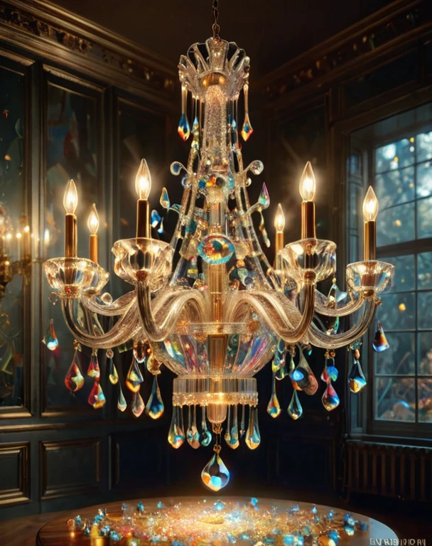 Hanging chandelier, bioluminescent, fabulous, magical radiance, Concept art, depth of field, realistic, cinematic lighting, soft shadows, asymmetrical fractal, colorful, vivid colors, volumetric lighting, wind, particles, designed by beksinski, james jean, loish, artgerm, rutkowsk, moebius, francis bacon and gustav klimt, ral-crztlgls of a (Matches:1.2), have golden and white crystals, classical chandelier 