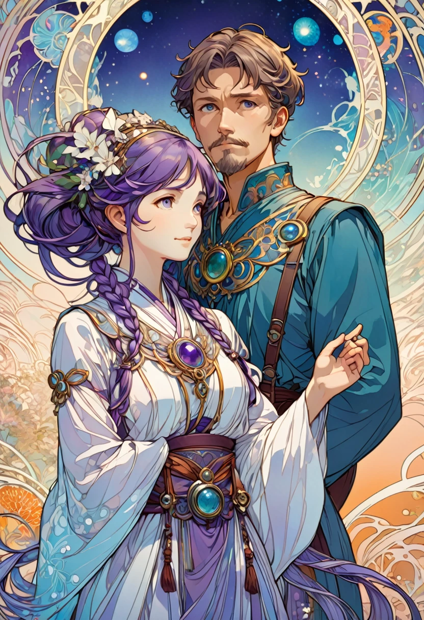 Couple, Purple white gradient double braid long ponytail, cool, Purple and white gradient background, by Studio Ghibli and Alphonse Mucha, best quality, masterpiece, very aesthetic, perfect composition, intricate details, ultra-detailed