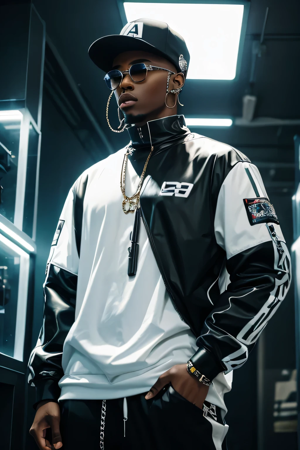 A hip-hop style man wearing transparent glass cybernetic jewelry