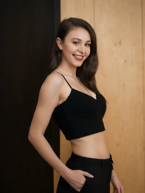 full body shoot, standing in front of wooden walls, side view, french young tall girl, solo, , S033_RileyGuava, (dark hair:1.6), (pontytail:1.4), (thick eyebrow:1.4), smiling, red  lips, (red croptop:1.2), (breats:1.7), (slim body:1.2), (black short:1.2),   