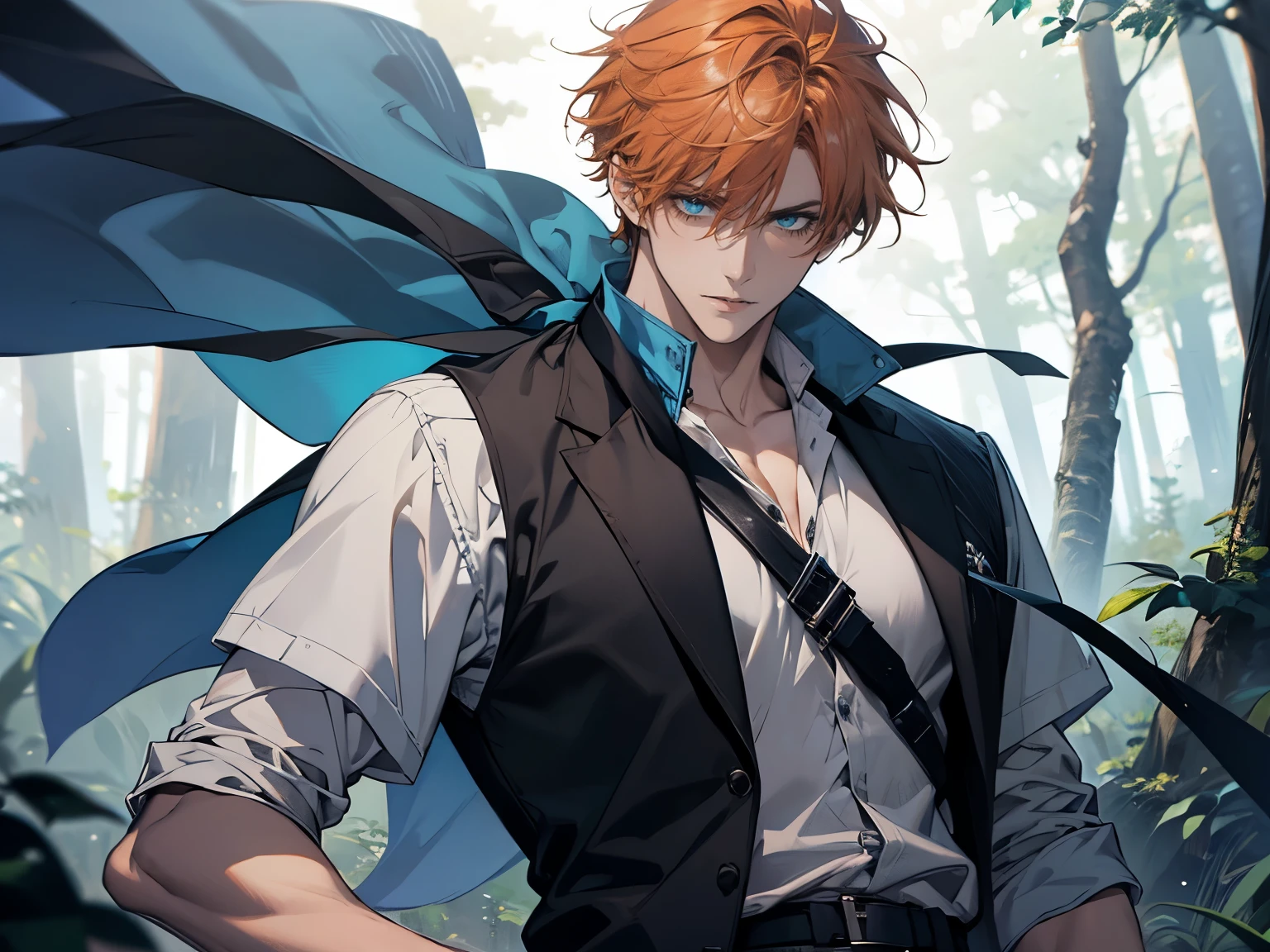 1 male, 26 year old, masculine, short orange hair, Attractive, White shirt, Rolled up sleeves, Black belt, Black pants, Beautiful blue eyes、beautiful hair、serious expression, Trending on ArtStation, 8K resolution, Highly detailed, Anatomically correct, Sharp Image, Digital Painting, Concept art, of the highest quality、forest background, holding a long blue long sword. Close up.