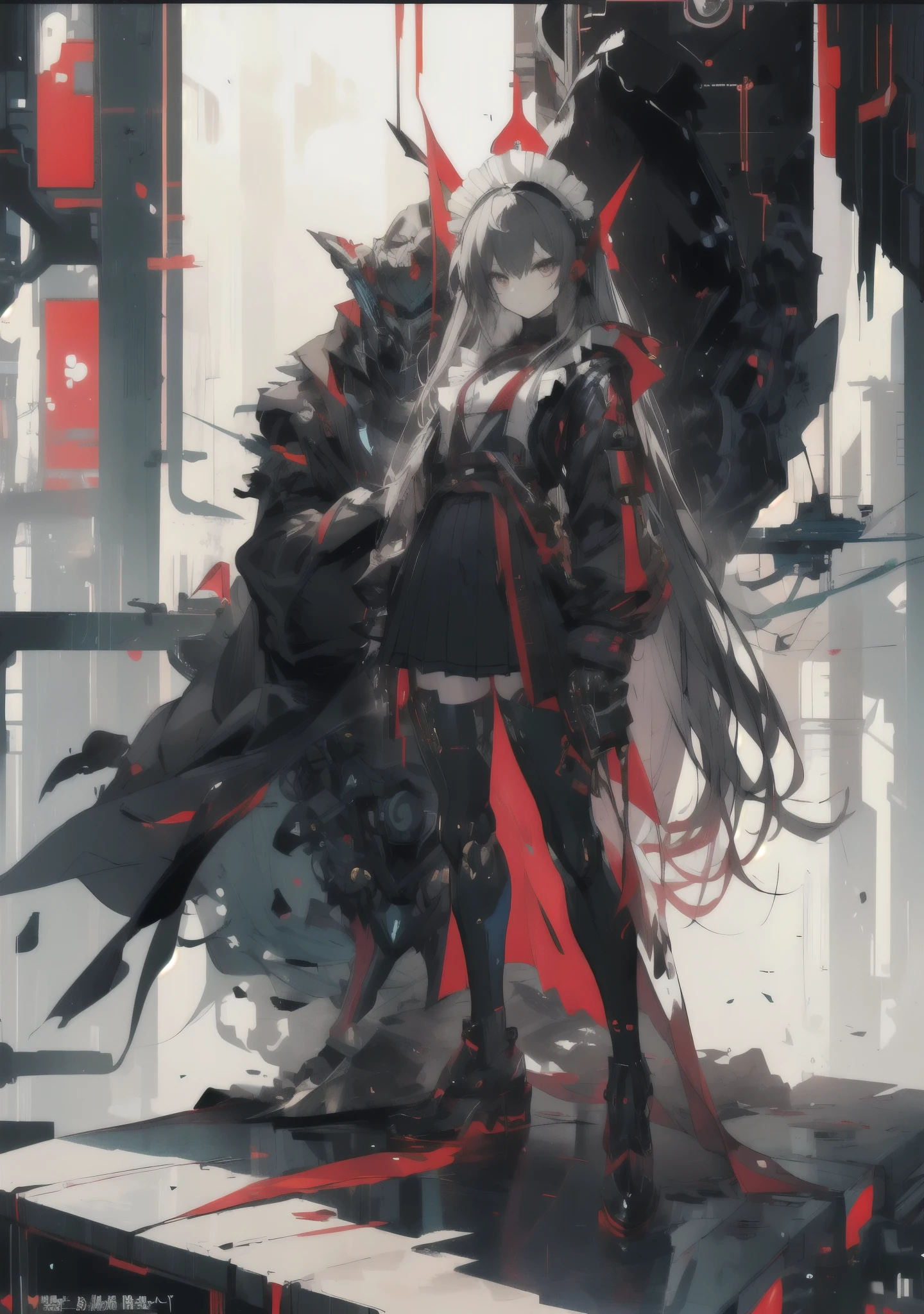 dark_fantasy, Cyberpunk, (Black Red: 1.1), 1 person, Mechanical wonder, whole body, Armor suit, shawl, ((Black coat)),Mecha long skirt,( Reasonable design, clear lines, High Definition,best quality, Very detailed, On the table, Lighting Effects, 4k )、(maid uniform:1.2)、Maid costume、(Illustrations are cool:1.5)、(1girl:1.0)、girl,whole body、Black and red pattern、 fantasy, detailed picture、Killer、assassin女仆、Knife、Headdress、Standing picture、Cool look、assassin