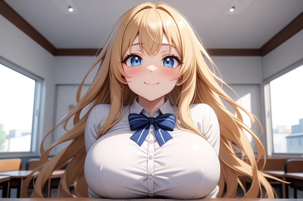 (One girl), Beautiful smile,Embarrassed face, Close your mouth,Abstract, School, masterpiece, highest quality, so beautiful, Absurd, up to date, Complex details,(look up), AI-generated, Complex,High resolution, highest quality, super high quality,3D Images、View the viewers、3D Images,one person,anime girl with long blonde hair and blue eyes posing for a picture, a hyperRealistic , hyperRealistic , Realistic , blonde anime girl with long hair, Smooth anime CG art, Beautiful anime school girl,White long sleeve blouse,Blue checked skirt,Blue Chest Ribbon, (Large Breasts:1.5), Mature Body,Fine details,Abdominal muscles
