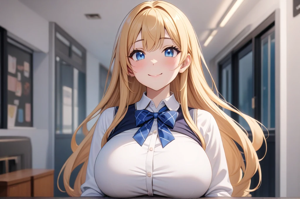 (One girl), Beautiful smile,Embarrassed face, Close your mouth,Abstract, School, masterpiece, highest quality, so beautiful, Absurd, up to date, Complex details,(look up), AI-generated, Complex,High resolution, highest quality, super high quality,3D Images、View the viewers、3D Images,one person,anime girl with long blonde hair and blue eyes posing for a picture, a hyperRealistic , hyperRealistic , Realistic , blonde anime girl with long hair, Smooth anime CG art, Beautiful anime school girl,White long sleeve blouse,Blue checked skirt,Blue Chest Ribbon, (Large Breasts:1.5), Mature Body,Fine details,Abdominal muscles
