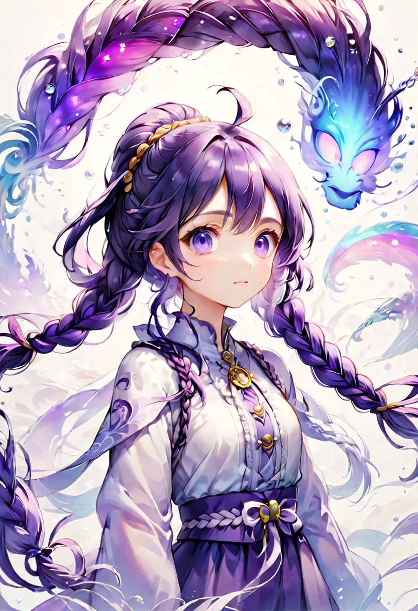 Couple, Purple white gradient double braid long ponytail, cool, Purple and white gradient background, by Studio Ghibli, best quality, masterpiece, very aesthetic, perfect composition, intricate details, ultra-detailed