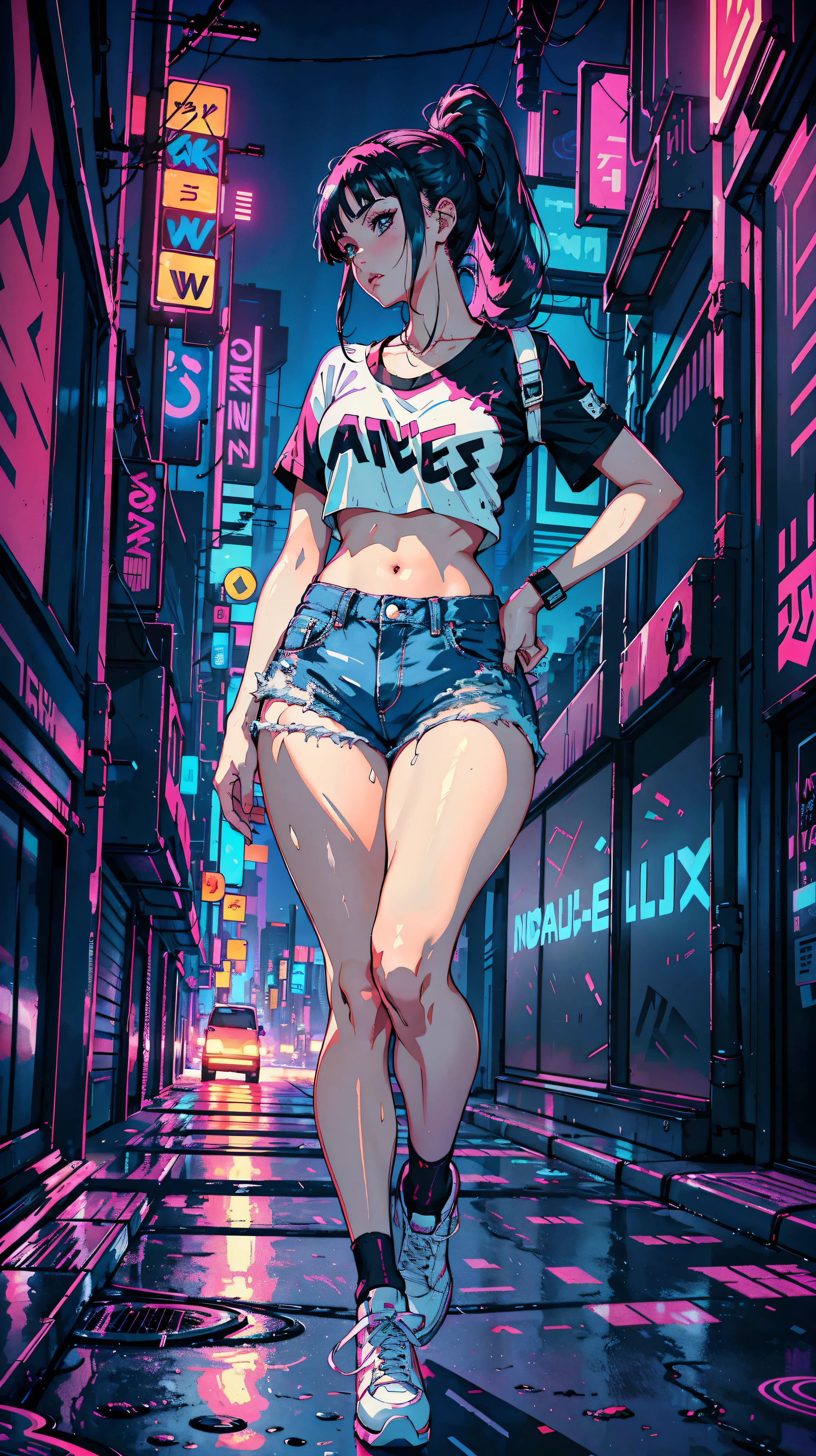 (Hinata Hyuga, Very sensual, In tight clothes, Big Ass, Thick legs, Jean Shorts, Wearing a mini blouse, Navel comes out, Long Hair, Rear speakers, Very realistic, View of the Cyberpunk City, Clearly defined lines, Neon Lights Very Sexy, 8k, 8k Very detailed), (Very delicate and beautiful), (masterpiece), (Better Quality: 1.0), (Ultra-high resolution:1.0), ((Synthwave Background Theme))