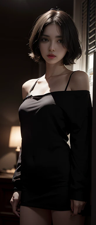 (Optimal lighting, The best shadow, Very high resolution), (Practical:1.5), photo, (Sexy look:1.2), female model with off-shoulder top, (Dark atmosphere:1.3), Deep Shadows, cold color temperature, (short hair:1.2).