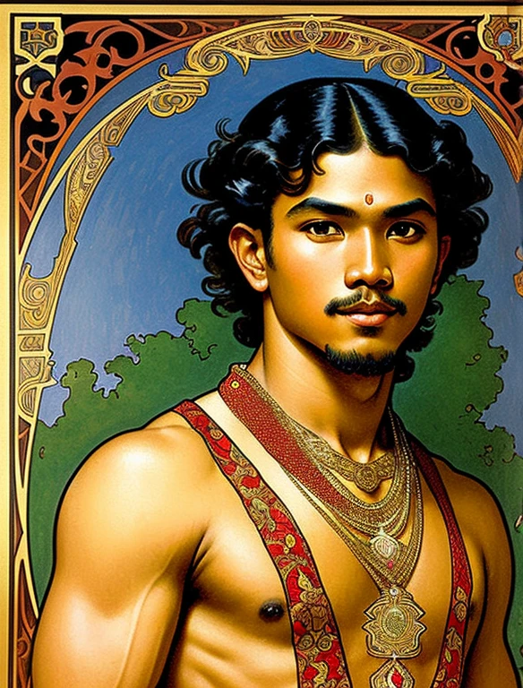 A painted portrait of a javanese prince, majapahit warrior, javanese male beauty, wavey hair, big seductive eyes, big lips, tan skin, handsome male, young, insanely handsome, upper body, muscular torso, fantasy, intricate, elegant, highly detailed, digital painting, art station, concept art, soft, sharp focus, illustration, art by charles dana gibson and Alphonse Mucha