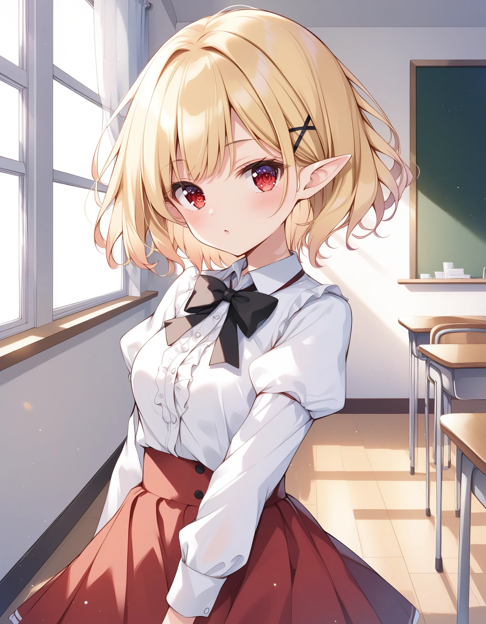 score_9,score_8_up,score_7_up, young,  gaspervladi, gasper vladi, short hair, blonde hair, (red eyes:1.3), pointy ears, BREAK shirt, ribbon, , white shirt, black ribbon, neck ribbon, long sleeves, skirt, red skirt, puffy sleeves, BREAK indoors, classroom, BREAK looking at viewer, (cowboy shot:1.5), BREAK (masterpiece:1.2), best quality, high resolution, unity 8k wallpaper, (illustration:0.8), (beautiful detailed eyes:1.6), extremely detailed face, perfect lighting, extremely detailed CG, (perfect hands, perfect anatomy),,