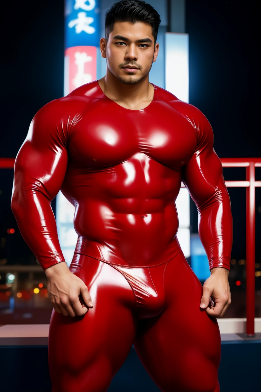 Japan man，man,youth，Best quality, crisp quality, Masterpiece, Highest resolution, Highly detailed,wearing only super tight Red latex micro thong, show his huge breast muscle，wearing no shirt, show his huge chest muscle，Full-body muscular figure，night club，mtu, half body portrait shot.