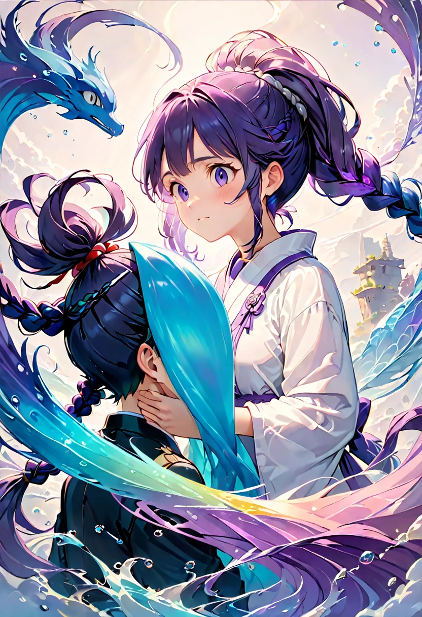 Couple, Purple white gradient double braid long ponytail, cool, Purple and white gradient background, by Studio Ghibli, best quality, masterpiece, very aesthetic, perfect composition, intricate details, ultra-detailed