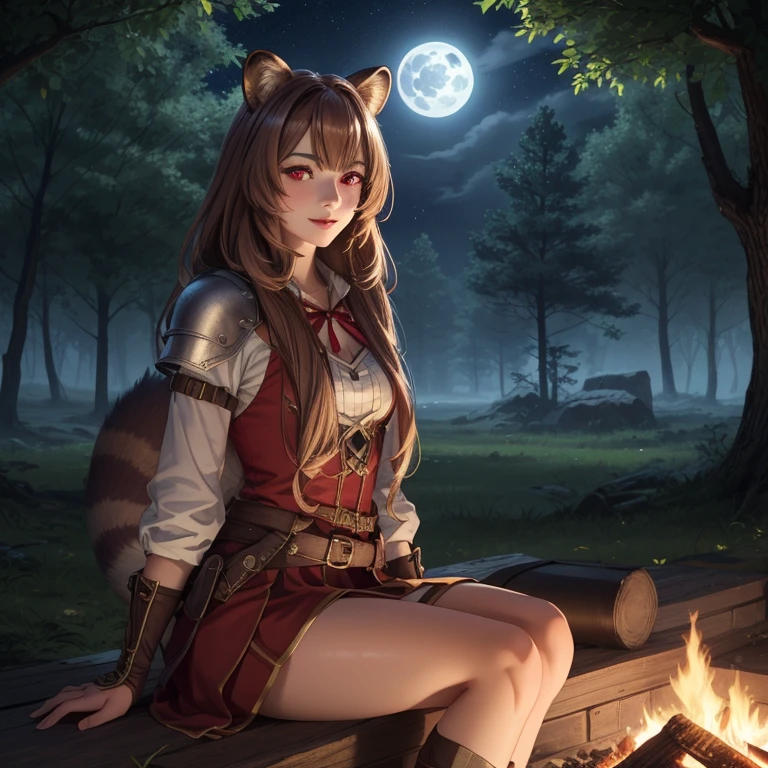 Masterpiece, best quality, 8K Wallpaper, HDR, octane rendering. Raphtalia, 18 year old girl, fair skin, wearing (adventurer outfit, fantasy style), forest, sitting, thighs, resting by the bonfire, mystical night sky, bright stars, full moon, beautiful detailed scenery. The girl has (Brown hair, hair color: 1.2), (Raccoon ears), (Beautiful and detailed face with perfect symmetry), (Beautiful and detailed red eyes: 1.3), (soft lips, slender smile), (tail raccoon), (body with perfect anatomy, perfect natural texture, high details, shiny skin), cinematic lighting, vivid colors, extremely detailed illustration, depth of field