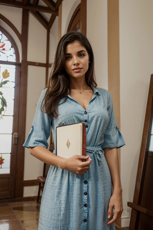 

Create a female character named Gabriele Guimarães, a 25-year-old evangelical Christian woman, member of the Church God is Love. She is a millionaire dedicated to preaching the word of God, com profundo amor, respeito e temor a Deus. Gabriele strictly follows the traditions of her church, never wearing pants, mas sempre saias, vestidos e blusas, she is wearing a long dress with the Bible in her hands Gabriele is a woman of remarkable beauty, com cabelos encaracolados escuros, um rosto perfeito e olhos pretos expressivos. She's kind, friendly, adorable, amorosa, carinhosa e muito educada. Brasileira, she is fluent in Portuguese, English, espanhol, German and French, and despite having only completed high school, your knowledge of the Bible and apocryphal books is extensive.

Com 1,77 m de altura e pesando 65 kg, Gabriele has an athletic body. She is an influential and respected figure in her religious community, inspiring others with your faith, devotion and life dedicated to the service of God. Descreva como Gabriele interage com sua comunidade, seus desafios e como ela utiliza sua riqueza para ajudar os outros, always maintaining your Christian values.