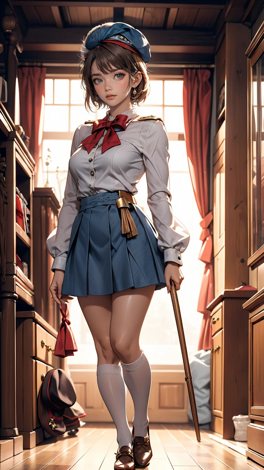 iwanagadress:1.2), (iwanagakotoko:0.9),(beret:1.8), Kotoko Iwanaga, One girl, beret, black bow, blue skirt, bow, Brown footwear, Cane, dress, hair bow, Have, Holding, Holding Cane, Juliet Sleeve, Light brown hair, Long sleeve, View Viewer, petticoat, Puffy sleeves, Purple eyes, short hair, skirt, alone, Thigh straps, Knee socks, white dress, White Hat, white Knee socks, kyokou suiri