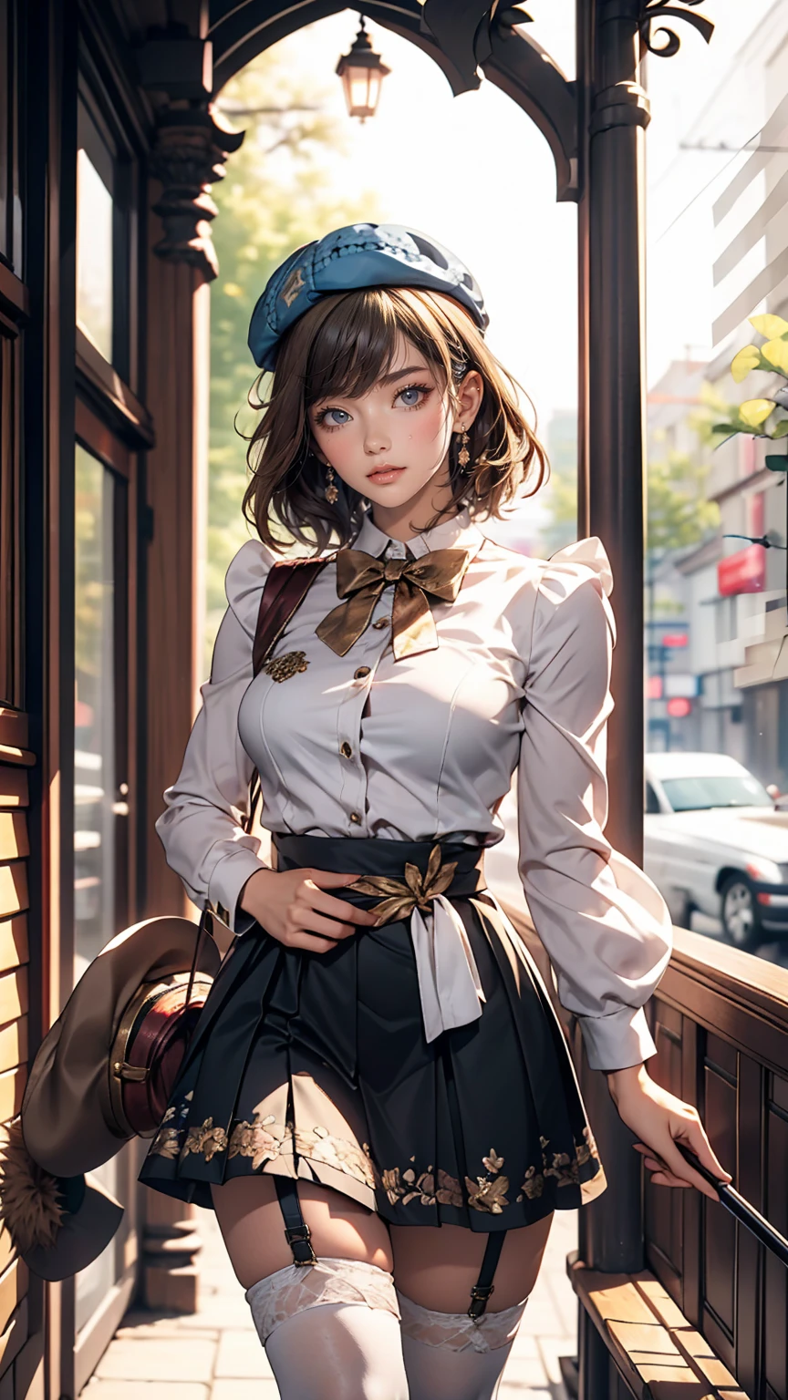 iwanagadress:1.2), (iwanagakotoko:0.9),(beret:1.8), Kotoko Iwanaga, One girl, beret, black bow, blue skirt, bow, Brown footwear, Cane, dress, hair bow, Have, Holding, Holding Cane, Juliet Sleeve, Light brown hair, Long sleeve, View Viewer, petticoat, Puffy sleeves, Purple eyes, short hair, skirt, alone, Thigh straps, Knee socks, white dress, White Hat, white Knee socks, kyokou suiri