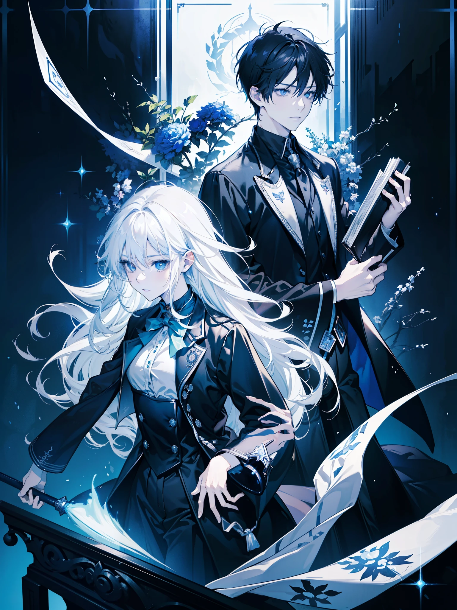 anime characters in a library, ((2people, (1boy, black_hair), (1girl, white_hair), blue eyes, rival)), warm smile, ((chess)), chessboard, elegant sofa, academy magic uniform, chess symbols, !!playing chess!!, high detailed official artwork, king and queen chess, light novel cover art, detailed key anime art, epic light novel art cover, high quality fanart, zerochan art, artbook artwork, sakimichan and frank franzzeta, detailed chess, well drawn pose, detailed specific characteristics, good proportion, detailed face, dreamy eyes, female protagonist novel, close up