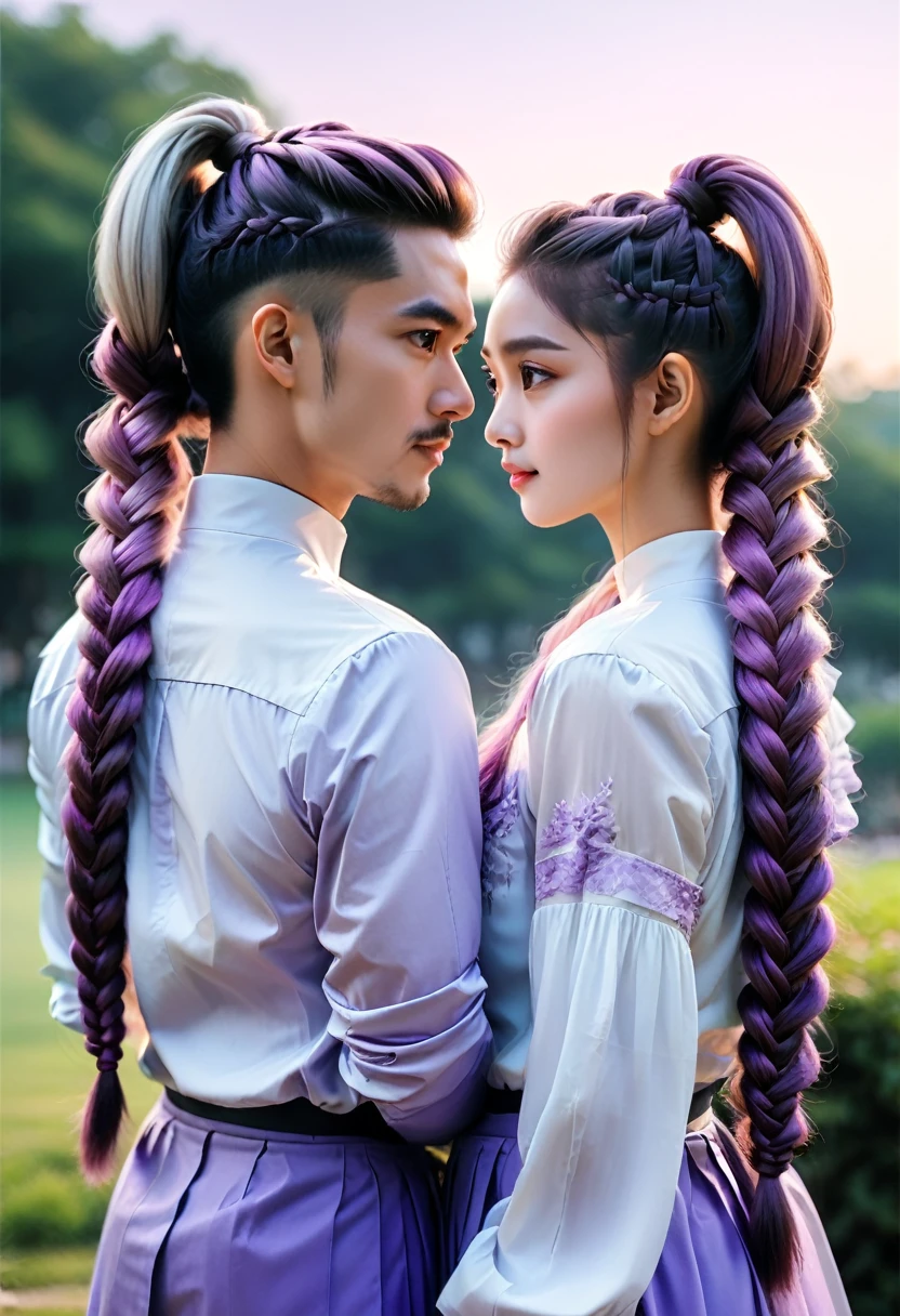 Couple Photo, 2 people, Purple white gradient double braid long ponytail, personality, (masterpiece, best quality, Professional, perfect composition, very aesthetic, absurdres, ultra-detailed, intricate details:1.3)