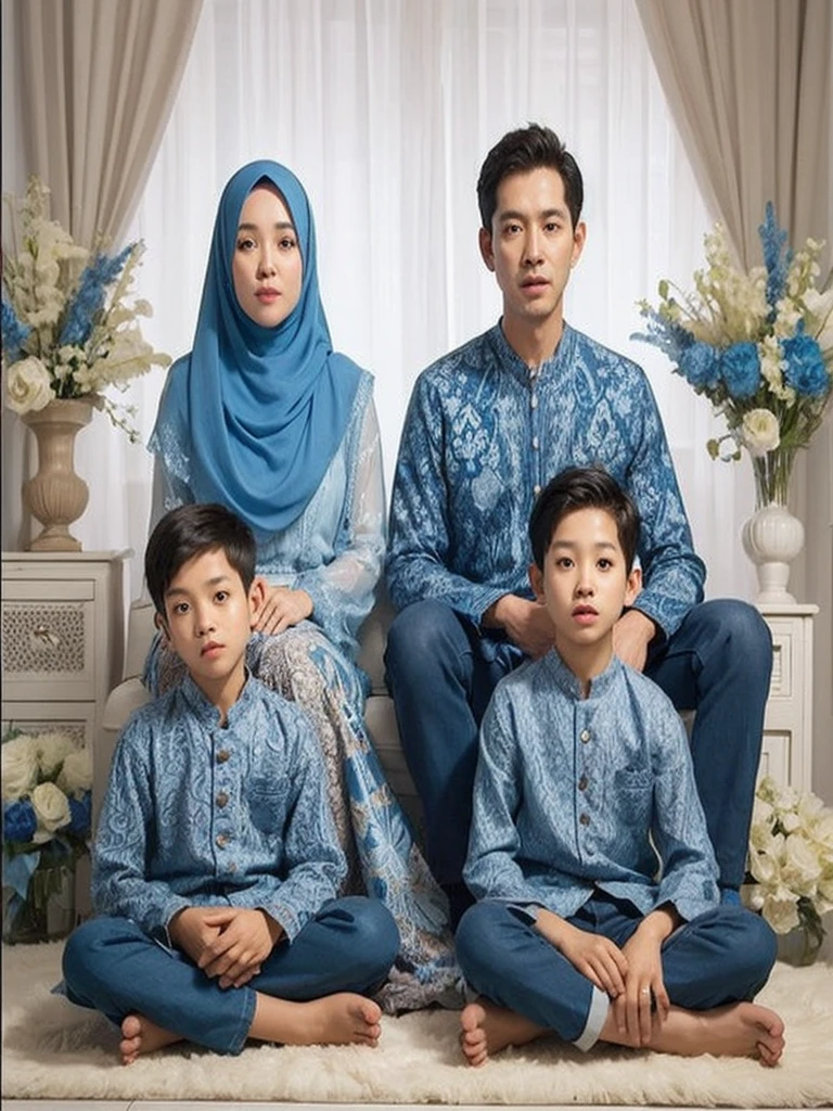 Make a friendly close up photo style, four members, one 40 year old Indonesian MAN, one 35 year old WOMAN, chubby, wearing a hijab, a 14 year old boy, and a 9 year old boy, they are wearing blue clothes . The latest blue Muslim koko tunic shirt, wearing a hijab, sitting on the sofa, hugging each other, comfortable and happy, in a luxurious living room with a luxurious home studio background. details. fresh color, blue lighting