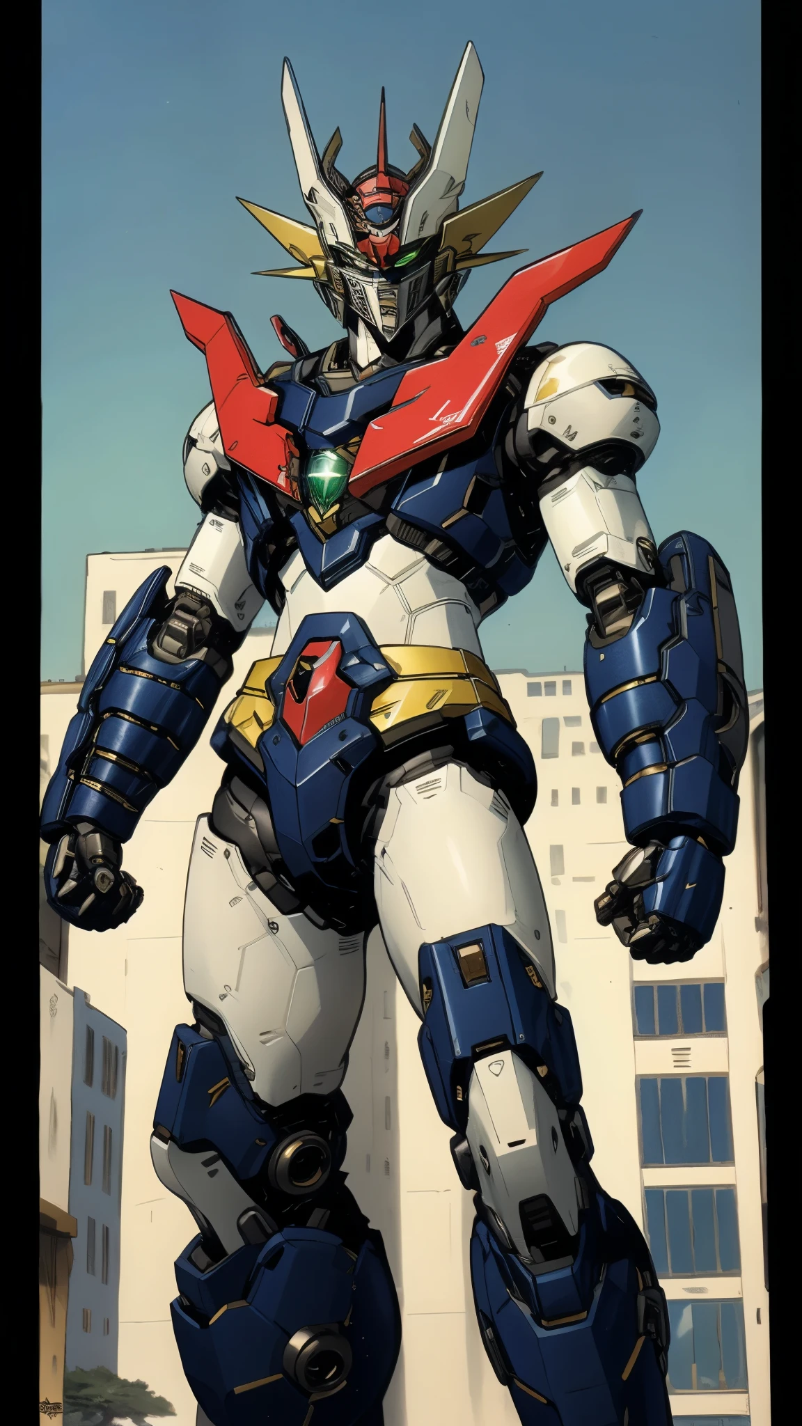 A man wearing a full-face helmet, a fantasy-style biotech armored combat suit, green eyes, (a composite layered chest armor), fully enclosed shoulder guards, matching arm and leg guards, the belt is adorned with Z mark, (the color scheme is primarily white with red and blue accents), the design balances heavy with agility, a high-tech bio-mecha armor, (Armor Concept Inspired by Mazinger Z, stand on the top of a skyscraper in a futuristic sci-fi city), this character embodies a finely crafted fantasy-surreal style armored hero in anime style, exquisite and mature manga art style, (battle damage, element, plasma, energy, the armor glows), ((male:1.5)), metallic, real texture material, dramatic, high definition, best quality, highres, ultra-detailed, ultra-fine painting, extremely delicate, professional, perfect body proportions, golden ratio, anatomically correct, symmetrical face, extremely detailed eyes and face, high quality eyes, creativity, RAW photo, UHD, 32k, Natural light, cinematic lighting, masterpiece-anatomy-perfect, masterpiece:1.5