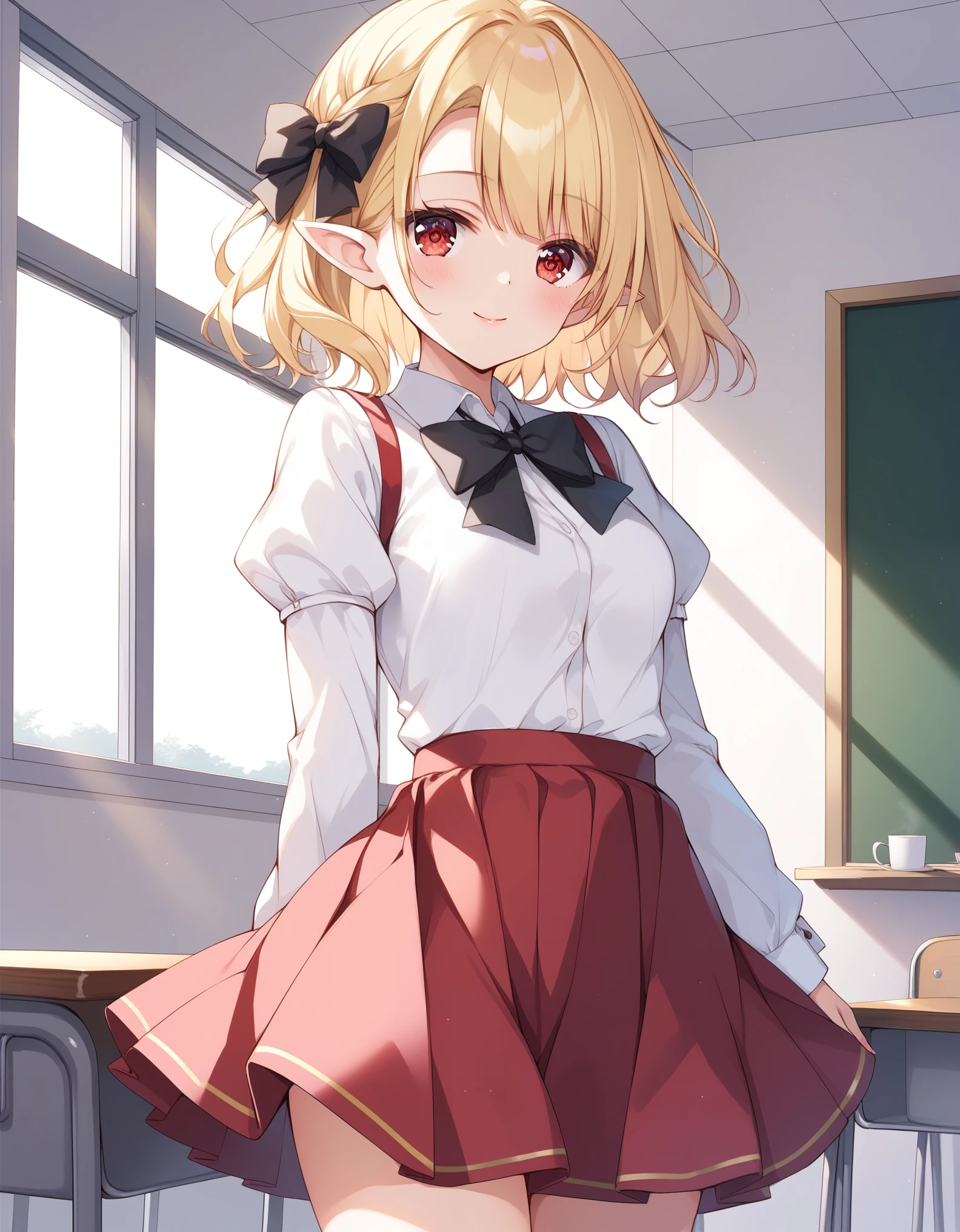 score_9,score_8_up,score_7_up, young,  gaspervladi, gasper vladi, short hair, blonde hair, (red eyes:1.3), pointy ears, BREAK shirt, ribbon, , white shirt, black ribbon, neck ribbon, long sleeves, skirt, red skirt, puffy sleeves, BREAK indoors, classroom, BREAK looking at viewer, (cowboy shot:1.5), BREAK (masterpiece:1.2), best quality, high resolution, unity 8k wallpaper, (illustration:0.8), (beautiful detailed eyes:1.6), extremely detailed face, perfect lighting, extremely detailed CG, (perfect hands, perfect anatomy),,