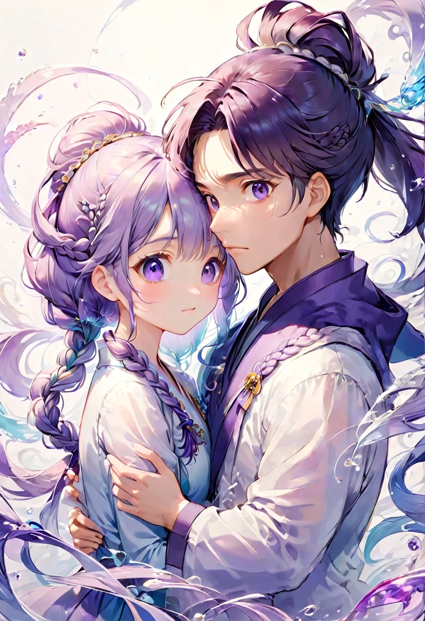 Couple, girl and boy, Purple white gradient double braid long ponytail, cool, Purple and white gradient background, by Studio Ghibli, best quality, masterpiece, very aesthetic, perfect composition, intricate details, ultra-detailed