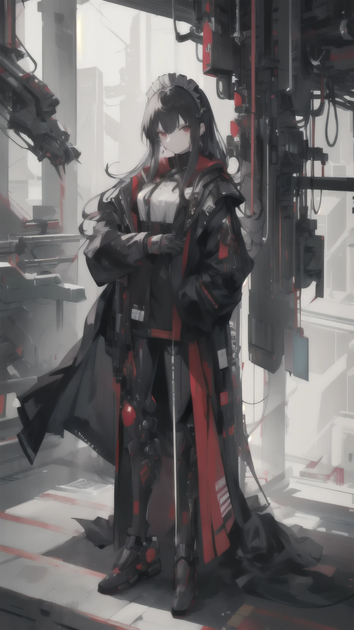 dark_fantasy, Cyberpunk, (Black Red: 1.1), 1 person, Mechanical wonder, whole body, Armor suit, shawl, ((Black coat)),Mecha long skirt,( Reasonable design, clear lines, High Definition,best quality, Very detailed, On the table, Lighting Effects, 4k )、(maid uniform:1.2)、Maid costume、(Illustrations are cool:1.5)、(1girl:1.0)、girl,whole body、Black and red pattern、 fantasy, detailed picture、Killer、assassin女仆、Knife、Headdress、Standing picture、Cool look、assassin