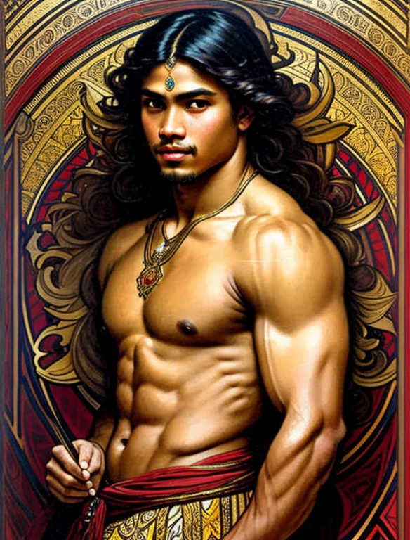 A painted portrait of a javanese prince, majapahit warrior, javanese male beauty, wavey hair, big seductive eyes, big lips, tan skin, handsome male, young, insanely handsome, upper body, muscular  torso, fantasy, intricate, elegant, highly detailed, digital painting, art station, concept art, soft, sharp focus, illustration, art by john william waterhouse and Alphonse Mucha  