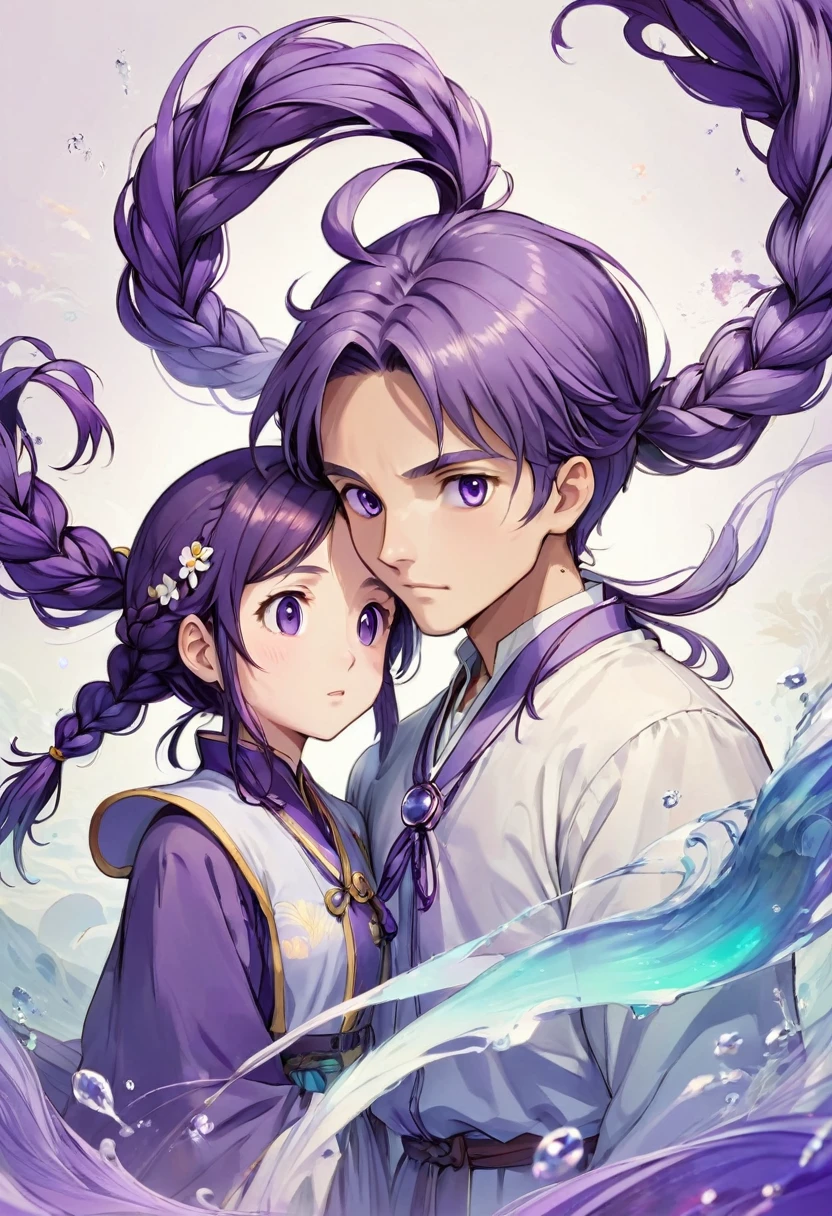 Couple, girl and boy, Purple white gradient double braid long ponytail, cool, Purple and white gradient background, by Studio Ghibli, best quality, masterpiece, very aesthetic, perfect composition, intricate details, ultra-detailed