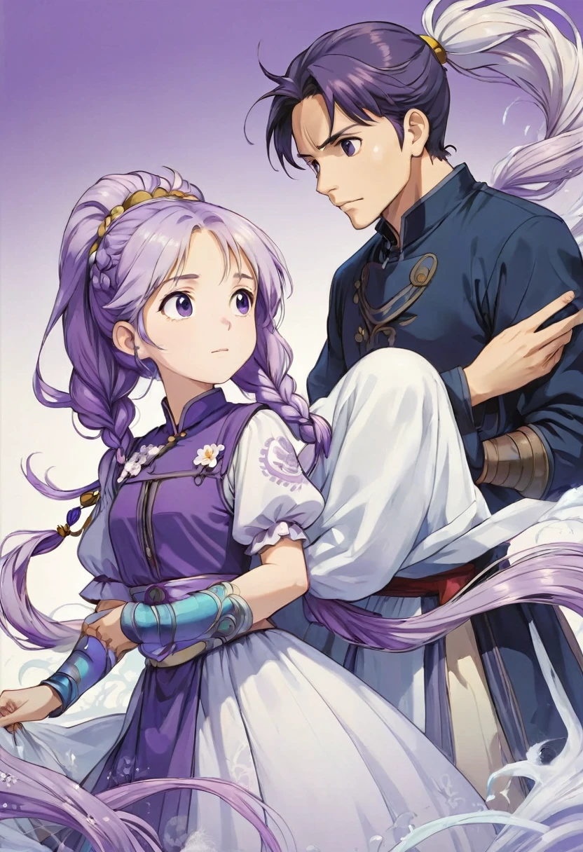 Couple, girl and boy, Purple white gradient double braid long ponytail, cool, Purple and white gradient background, by Studio Ghibli, best quality, masterpiece, very aesthetic, perfect composition, intricate details, ultra-detailed