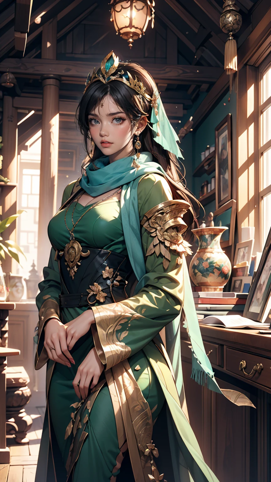 A woman in a blue dress with a long green scarf, Beautiful character drawings, Beautiful Fantasy Empress, by ヤン・J, style of ArtJam, ArtJam and ruan jia, extremely detailed ArtJam, trending ArtJam, ArtJam. Anime illustration, ruan jia and ArtJam, Inspired by Fuhua, ArtJam detailed