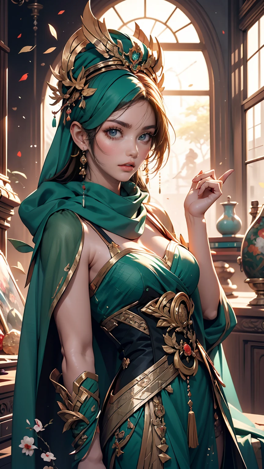 A woman in a blue dress with a long green scarf, Beautiful character drawings, Beautiful Fantasy Empress, by ヤン・J, style of ArtJam, ArtJam and ruan jia, extremely detailed ArtJam, trending ArtJam, ArtJam. Anime illustration, ruan jia and ArtJam, Inspired by Fuhua, ArtJam detailed