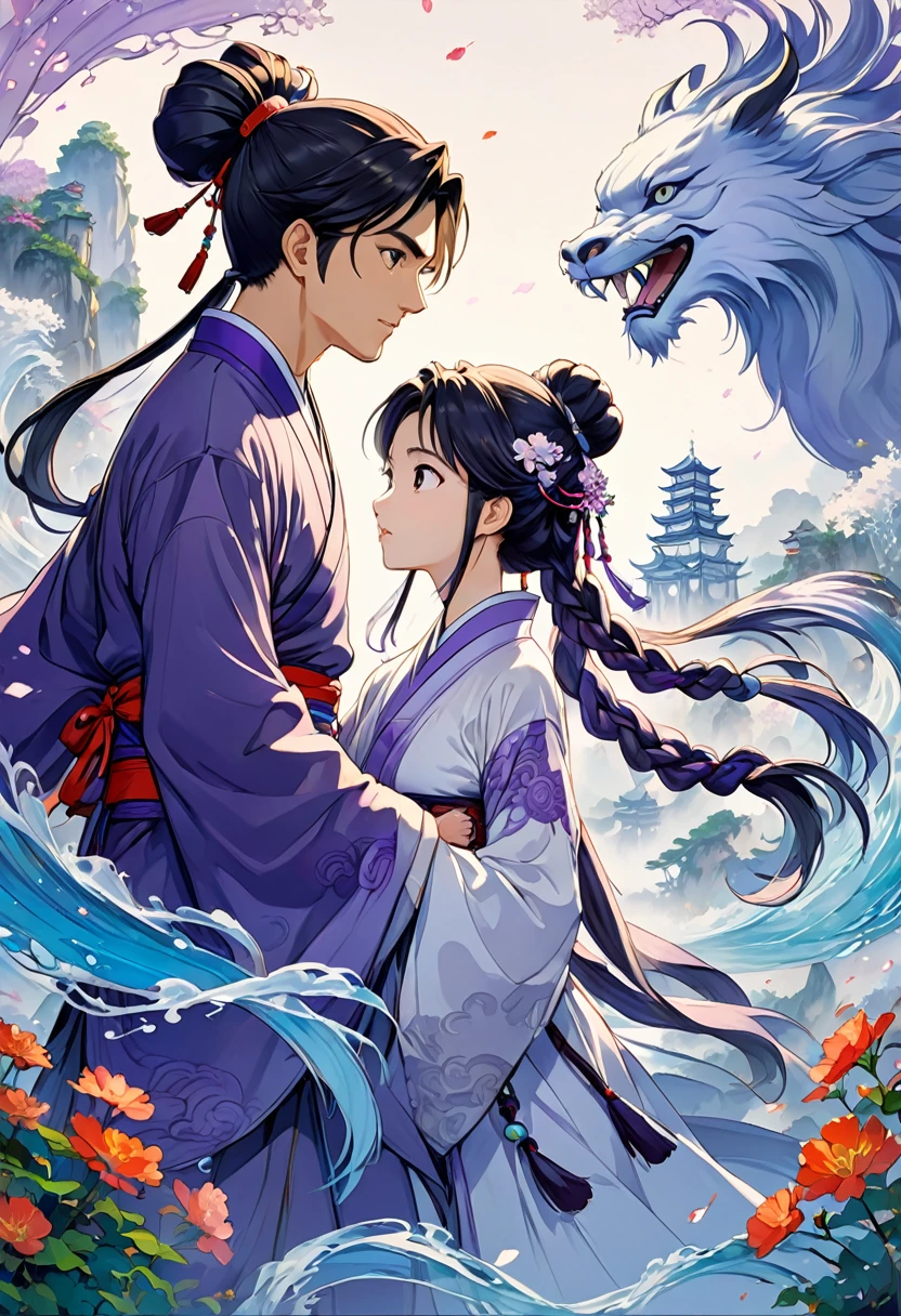 Couple, girl and boy, wuxia, Purple white gradient double braid long ponytail, cool, Purple and white gradient background, by Studio Ghibli, best quality, masterpiece, very aesthetic, perfect composition, intricate details, ultra-detailed