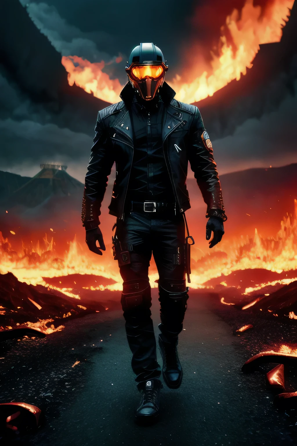 (high quality), photorealistic, (oil painting)
jewelry, (solo),
(dynamic pose), towards right, ((hell gate)), fire, hell landscape, (the underworld), (dark landscape),
A man wearing cyberpunk suits with a clear glass pilot helmet A man wearing cyberpunk suits with a clear glass pilot helmet