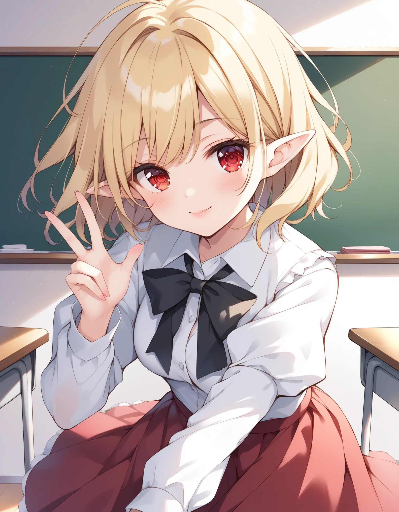 score_9,score_8_up,score_7_up, young,  gaspervladi, gasper vladi, short hair, blonde hair, (red eyes:1.3), pointy ears, BREAK shirt, ribbon, , white shirt, black ribbon, neck ribbon, long sleeves, skirt, red skirt, puffy sleeves, BREAK indoors, classroom, BREAK looking at viewer, (cowboy shot:1.5), BREAK (masterpiece:1.2), best quality, high resolution, unity 8k wallpaper, (illustration:0.8), (beautiful detailed eyes:1.6), extremely detailed face, perfect lighting, extremely detailed CG, (perfect hands, perfect anatomy),,