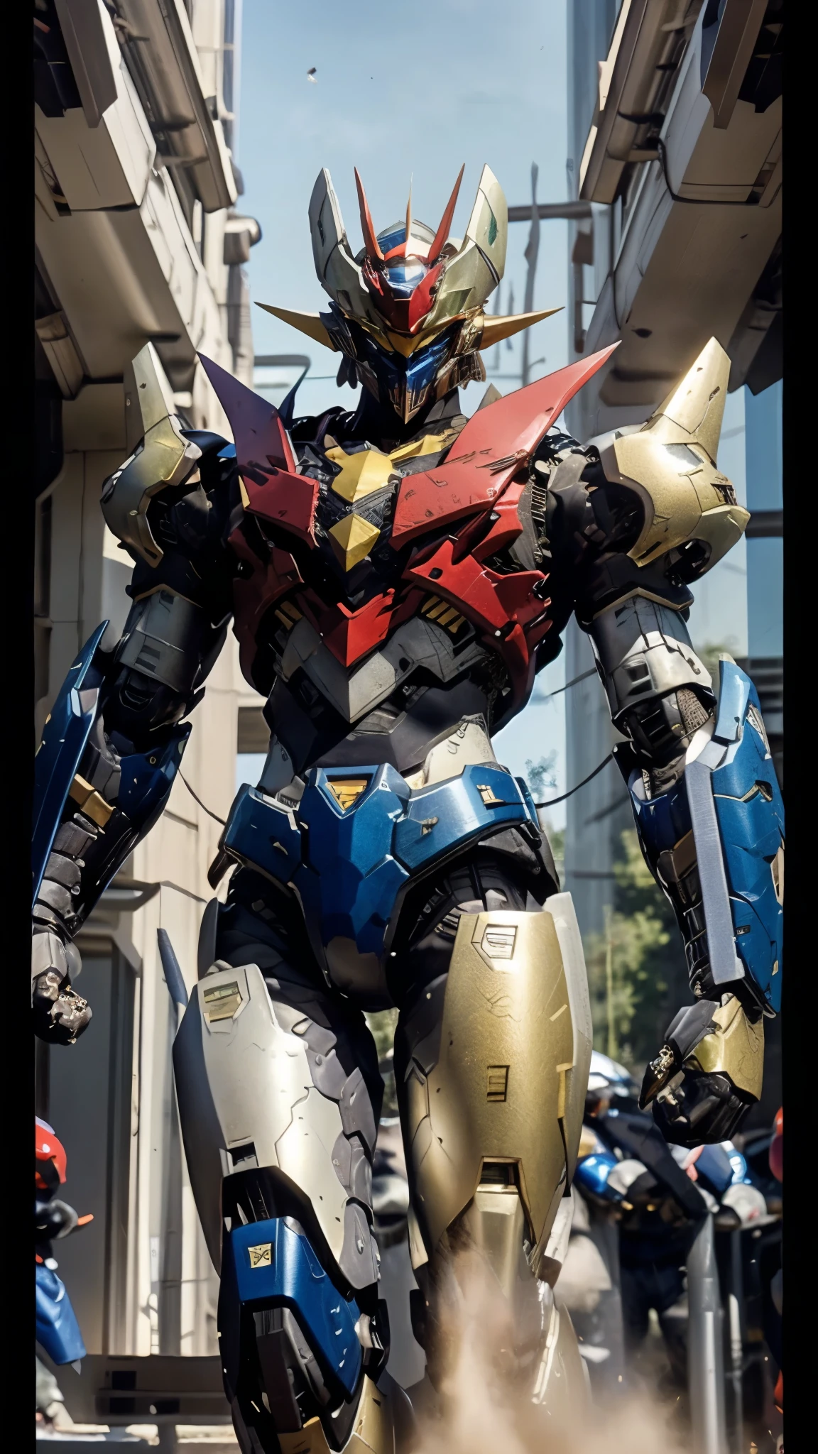 A man wearing a full-face helmet, a fantasy-style biotech armored combat suit, green eyes, (a composite layered chest armor), fully enclosed shoulder guards, matching arm and leg guards, the belt is adorned with Z mark, (the color scheme is primarily white with red and blue accents), the design balances heavy with agility, a high-tech bio-mecha armor, (Armor Concept Inspired by Mazinger Z, stand on the top of a skyscraper in a futuristic sci-fi city), this character embodies a finely crafted fantasy-surreal style armored hero in anime style, exquisite and mature manga art style, (battle damage, element, plasma, energy, the armor glows), ((male:1.5)), metallic, real texture material, dramatic, high definition, best quality, highres, ultra-detailed, ultra-fine painting, extremely delicate, professional, perfect body proportions, golden ratio, anatomically correct, symmetrical face, extremely detailed eyes and face, high quality eyes, creativity, RAW photo, UHD, 32k, Natural light, cinematic lighting, masterpiece-anatomy-perfect, masterpiece:1.5