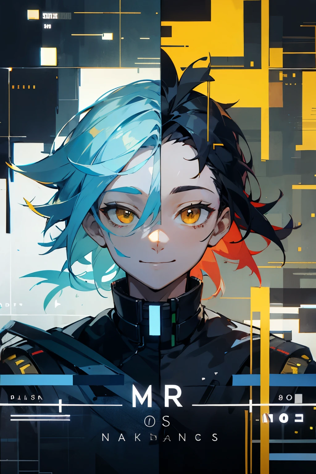 Male, glitching hair, yellow eyes, glitches, mischiveous smile, glitching, binary code