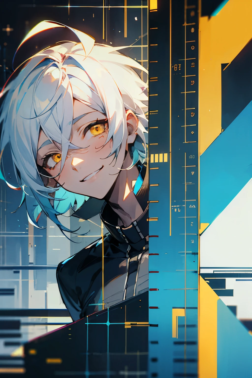Male, glitching hair, yellow eyes, glitches, mischiveous smile, glitching, binary code