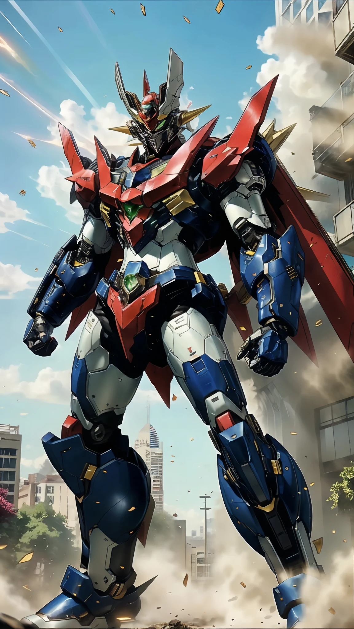 A man wearing a full-face helmet, a fantasy-style biotech armored combat suit, green eyes, (a composite layered chest armor), fully enclosed shoulder guards, matching arm and leg guards, the belt is adorned with Z mark, (the color scheme is primarily white with red and blue accents), the design balances heavy with agility, a high-tech bio-mecha armor, (Armor Concept Inspired by Mazinger Z, stand on the top of a skyscraper in a futuristic sci-fi city), this character embodies a finely crafted fantasy-surreal style armored hero in anime style, exquisite and mature manga art style, (battle damage, element, plasma, energy, the armor glows), ((male:1.5)), metallic, real texture material, dramatic, high definition, best quality, highres, ultra-detailed, ultra-fine painting, extremely delicate, professional, perfect body proportions, golden ratio, anatomically correct, symmetrical face, extremely detailed eyes and face, high quality eyes, creativity, RAW photo, UHD, 32k, Natural light, cinematic lighting, masterpiece-anatomy-perfect, masterpiece:1.5