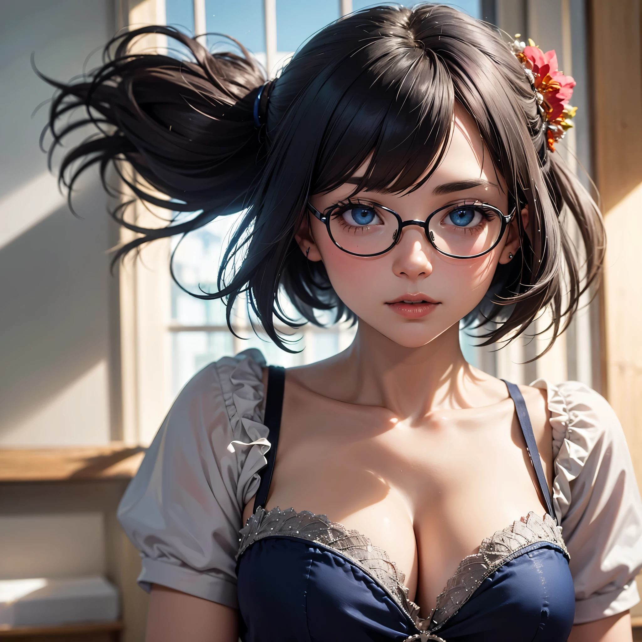 ((best quality)), ((masterpiece)), (detailed), perfect face, a white-toned sexy girl with silver black hair and blue eyes wearing glasses with big breasts wearing a royal dress and a tiara on her head looking outside the window showing her cleavage with a seductive look on her face, close-up side shot, ultra-detailed, 4k