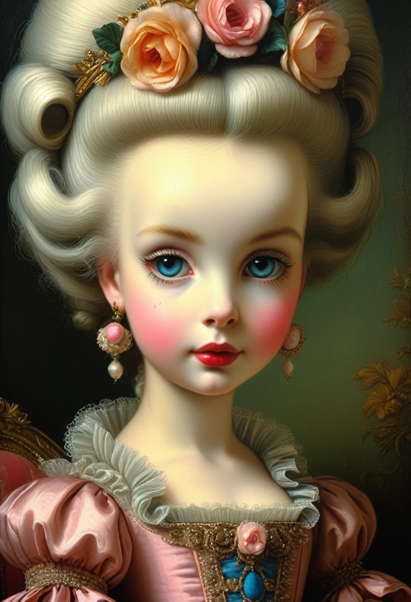 Cuteness overload. Insanely detailed portrait Marie Antoinette. Fairytale, sharp eyes, Jasper Johns, Margaret Keane, Ray Caesar, Craig Davison, Mark Ryden, Fragonard. Cinematic lighting, beautiful, rich deep colors, masterpiece. Hires 32k best quality.