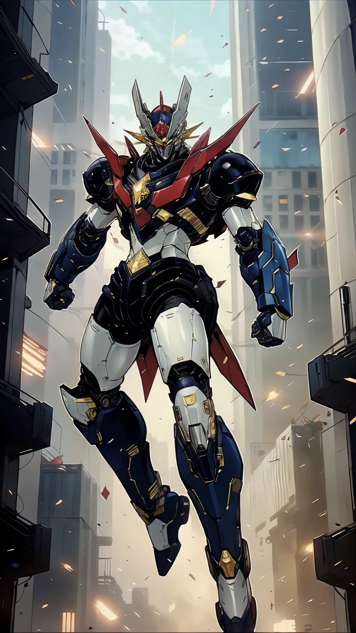 A man wearing a full-face helmet, a fantasy-style biotech armored combat suit, green eyes, (a composite layered chest armor), fully enclosed shoulder guards, matching arm and leg guards, the belt is adorned with Z mark, (the color scheme is primarily white with red and blue accents), the design balances heavy with agility, a high-tech bio-mecha armor, (Armor Concept Inspired by Mazinger Z, stand on the top of a skyscraper in a futuristic sci-fi city), this character embodies a finely crafted fantasy-surreal style armored hero in anime style, exquisite and mature manga art style, (battle damage, element, plasma, energy, the armor glows), ((male:1.5)), metallic, real texture material, dramatic, high definition, best quality, highres, ultra-detailed, ultra-fine painting, extremely delicate, professional, perfect body proportions, golden ratio, anatomically correct, symmetrical face, extremely detailed eyes and face, high quality eyes, creativity, RAW photo, UHD, 32k, Natural light, cinematic lighting, masterpiece-anatomy-perfect, masterpiece:1.5