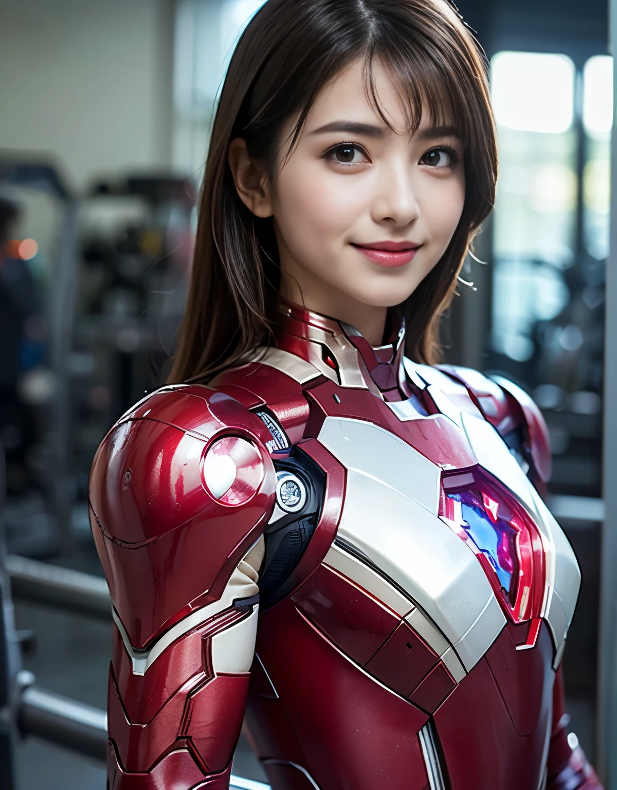 (1 girl)、highest quality、masterpiece、超A high resolution、(Realistic:1.4)、RAW Photos、1 girl、((Cover the whole body,gloves))、Off the shoulder((Pink Iron Man Suit、detailed iron man suit、pink and white iron man suit、Evangelion Style、Plug Suit)、Pink and red interpolated colors、Portraiture、Close-up、Shadow、Octane Rendering、8k、Ultra Sharp、Gymnasium details、Very intricate details、Realistic Light、(smile)、Shining Eyes、To the camera、Small LED