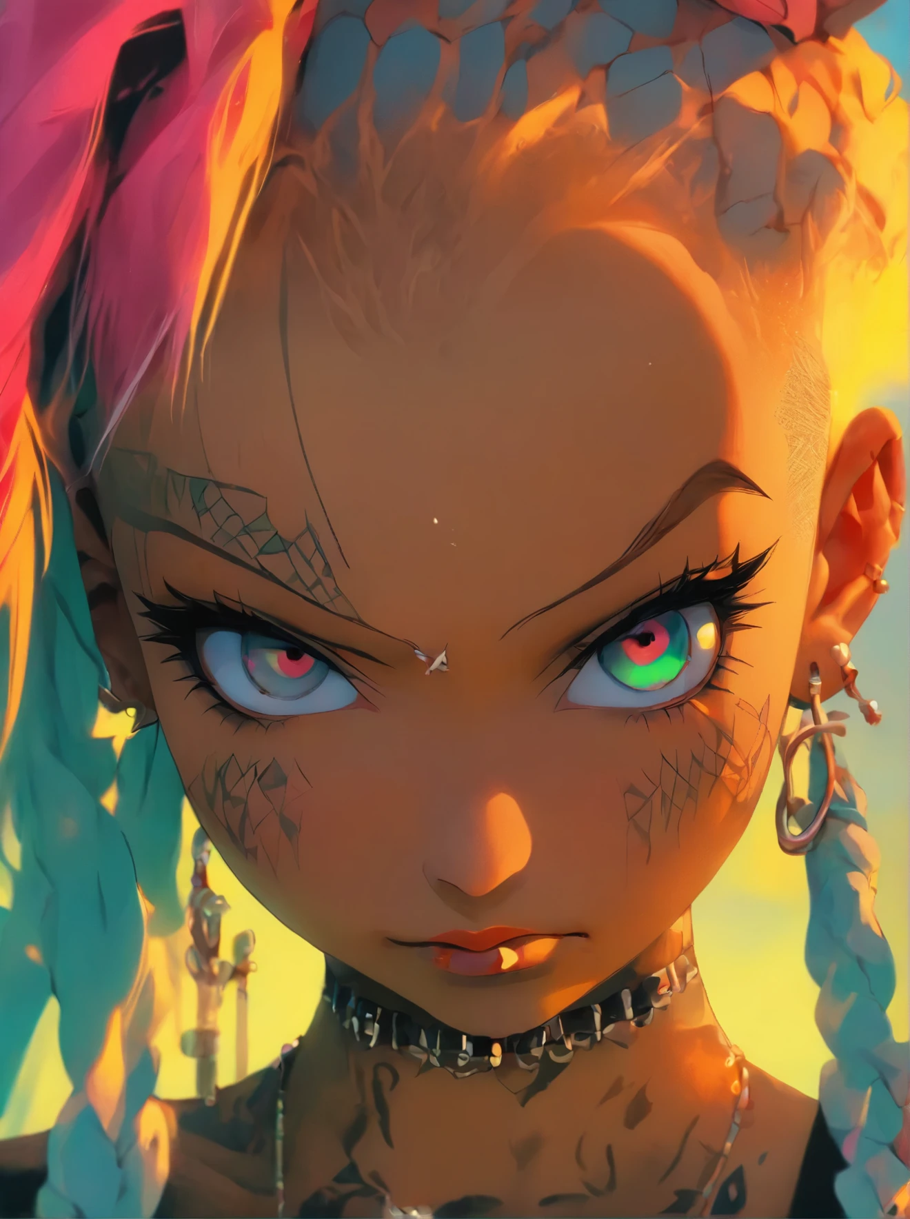 a close up of a woman with a shaved head and piercings, chrome facial piercings, huge earrings and queer make up, septum piercing, piercings collar, face piercings, wearing spikes and piercings, facial piercings, nose ring, shaved face, shaved head, 1 7 - year - old goth girl, emaciated shaved face, heavy body modification