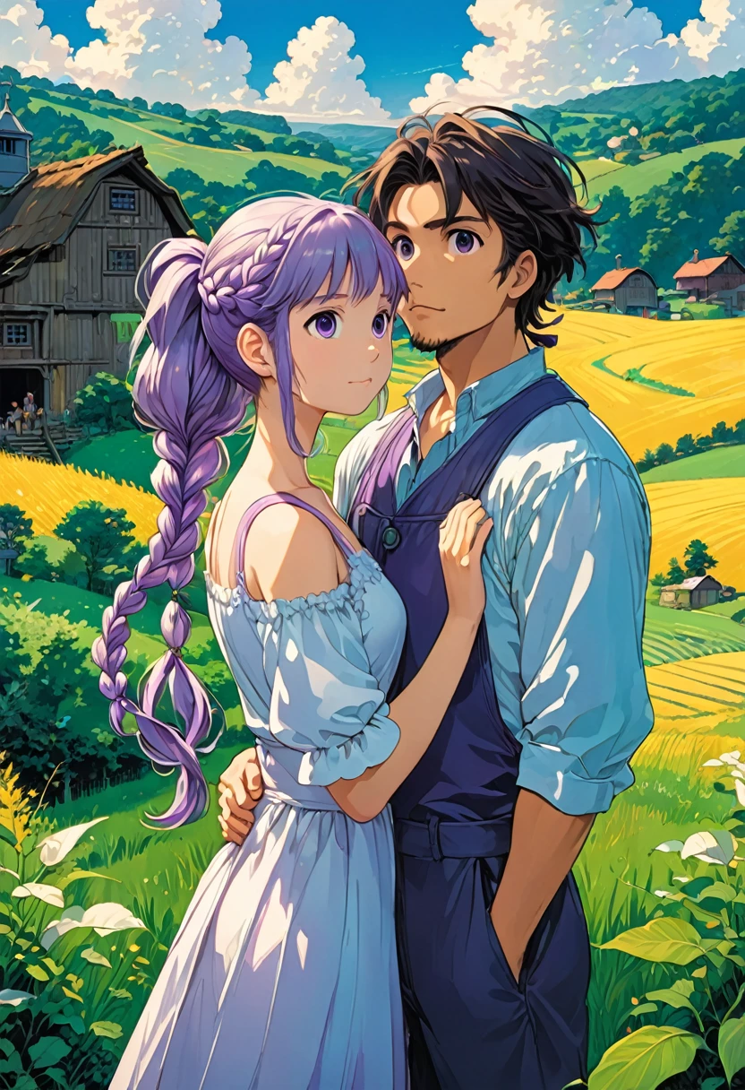 Couple, girl and boy, farm, Purple white gradient double braid long ponytail, cool, by Studio Ghibli, best quality, masterpiece, very aesthetic, perfect composition, intricate details, ultra-detailed